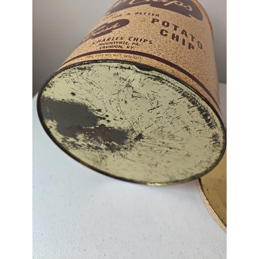 Vintage Charles Chips Potato Chip 1 LB Tin Can With Lid And Dual Location Text